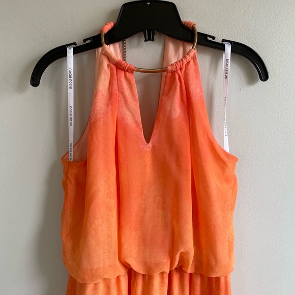 ORANGE SLEEVELESS HALTER MAXI DRESS STRETCH WAIST GOLD NECKLACE CLOSURE - Picture 3 of 13